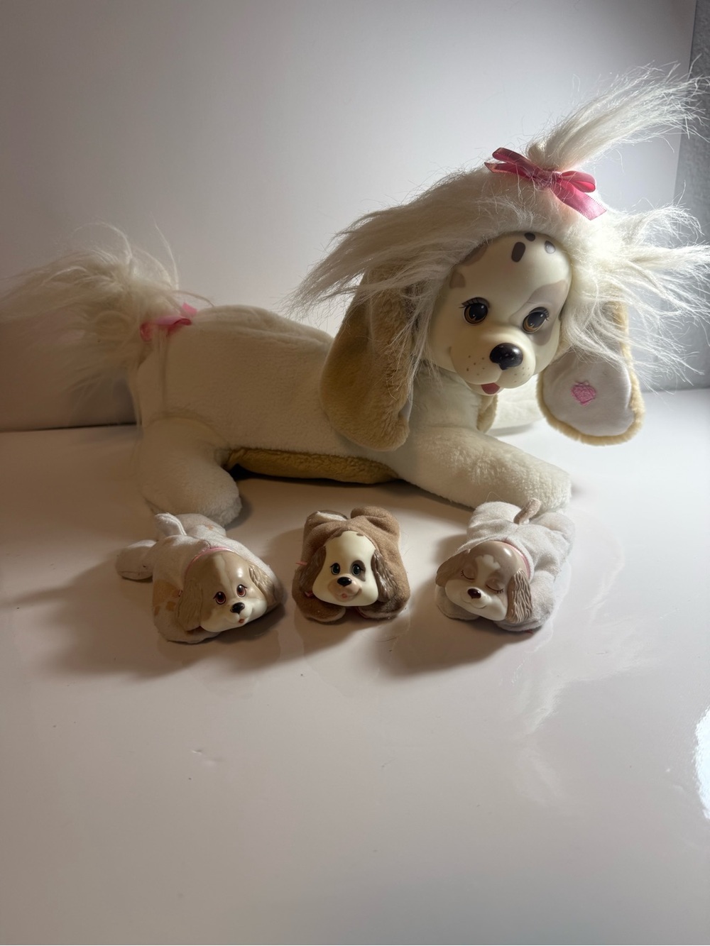 Vintage Puppy Surprise Plush Mom & 3 Puppies Pink White Dogs Hasbro 90s 1991